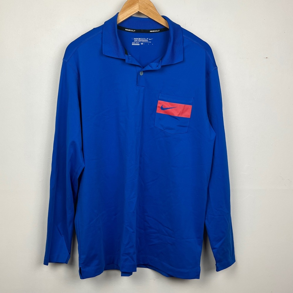 Nike Golf Tour Performance Long Sleeve Polo Large Blue Athleisure Swoosh Dri-fit